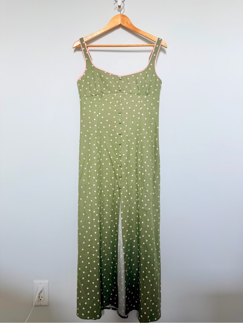 Linen Olive Green Polka Dot Midi Dress - Picture 6 of 10